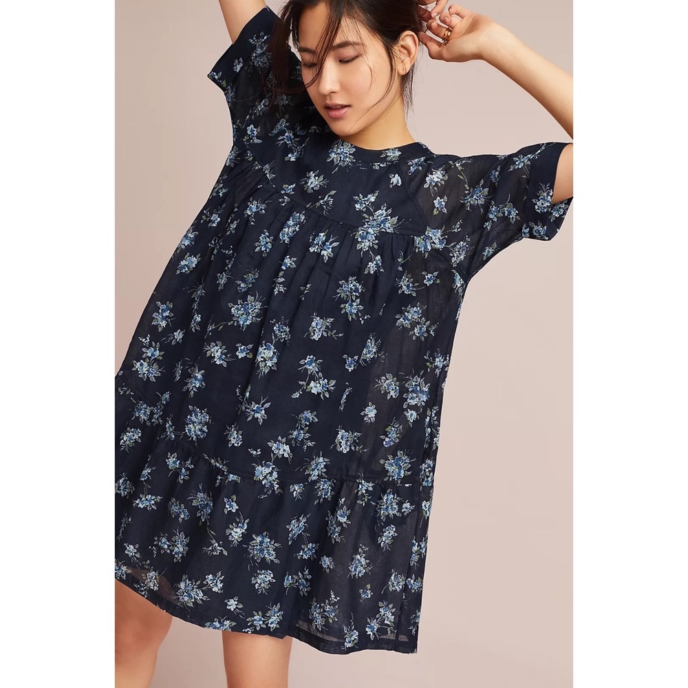 Current/Elliot Gathered Floral Print Cotton Broadcloth Mini Swing Shirt Dress